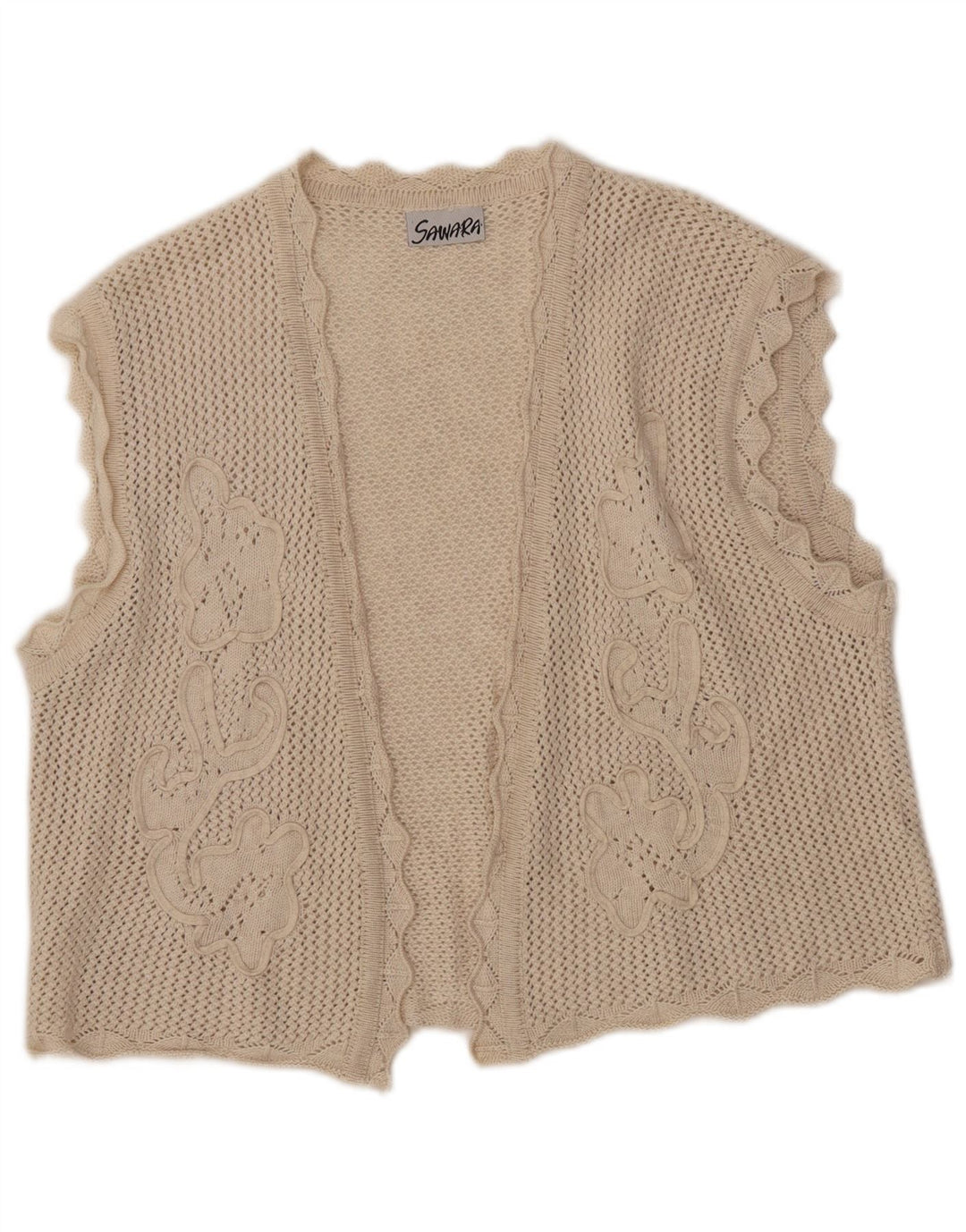 VINTAGE Mujer Crop Sin Mangas Crochet Cardigan Suéter Reino Unido 14 Grande Beige