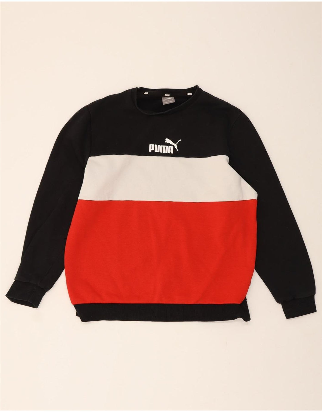 PUMA Mens Graphic Sweatshirt Jumper Large Black Colourblock Cotton Vintage Puma and Second-Hand Puma from Messina Hembry 