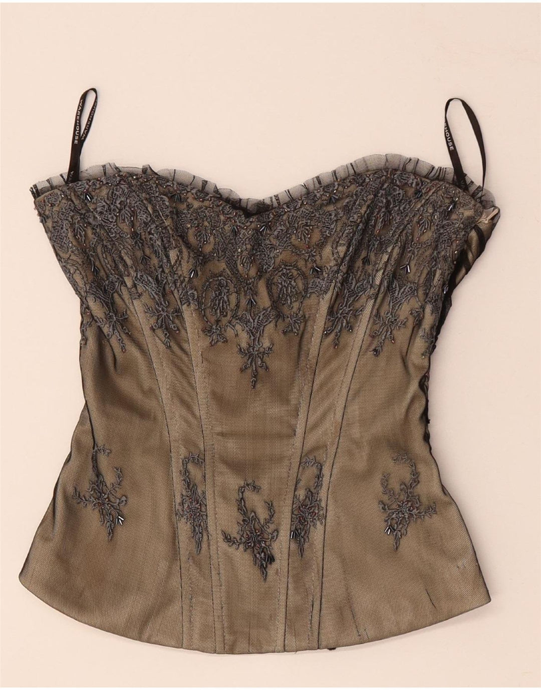 WAREHOUSE Top corsé con hombros descubiertos para mujer UK 8 Small Beige Floral Poliéster