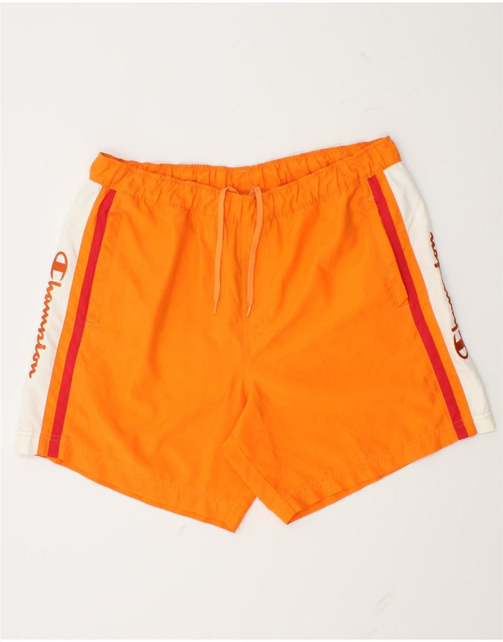 Champion Bañador con estampado gráfico para hombre, poliéster con bloques de color naranja grande