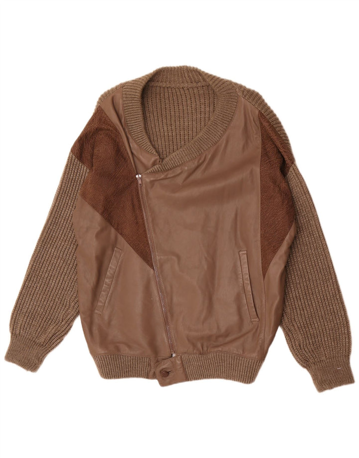 Vintage hombres cuero cardigan suéter grande lana marrón
