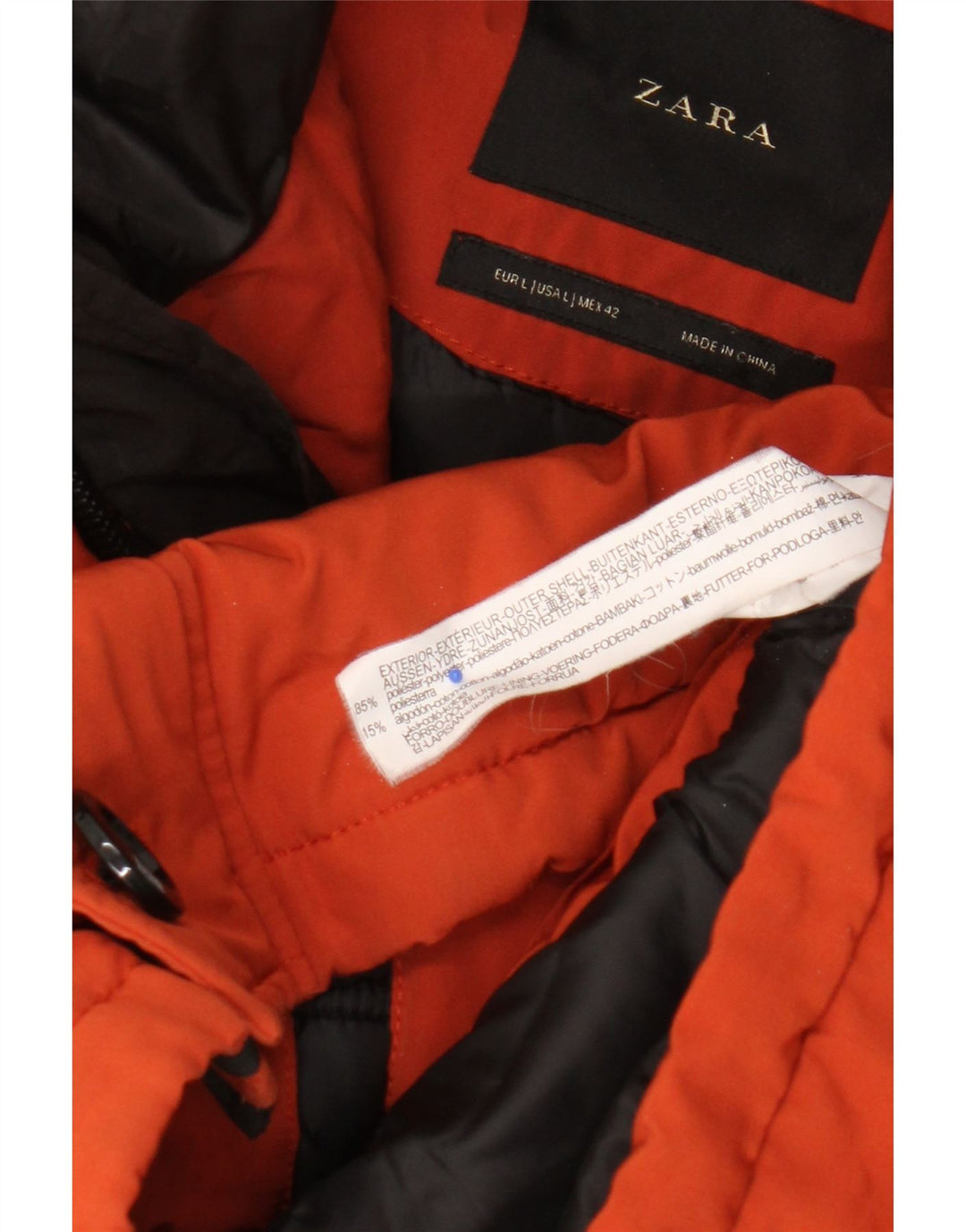 Zara - Chaqueta acolchada con capucha para hombre, talla 40, poliéster naranja grande