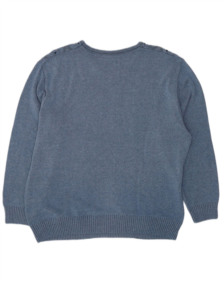 VINTAGE Hombres V-Cuello Jumper Suéter UK 44 XL Algodón Geométrico Azul