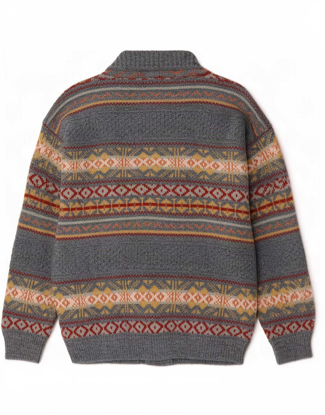 Vintage hombres Cardigan suéter grande gris Fair Isle acrílico