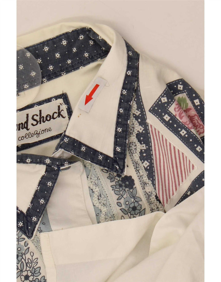 Vintage mujer camisa de gran tamaño blusa Reino Unido 14 algodón geométrico blanco medio