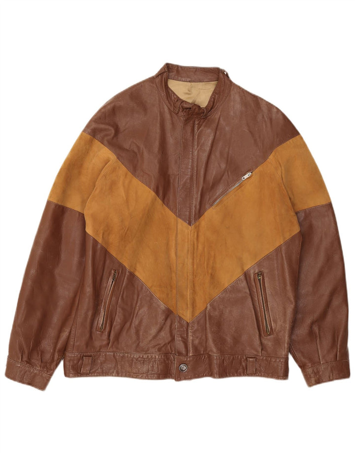 Chaqueta de cuero vintage para hombre IT 52 XL Bloque de color marrón