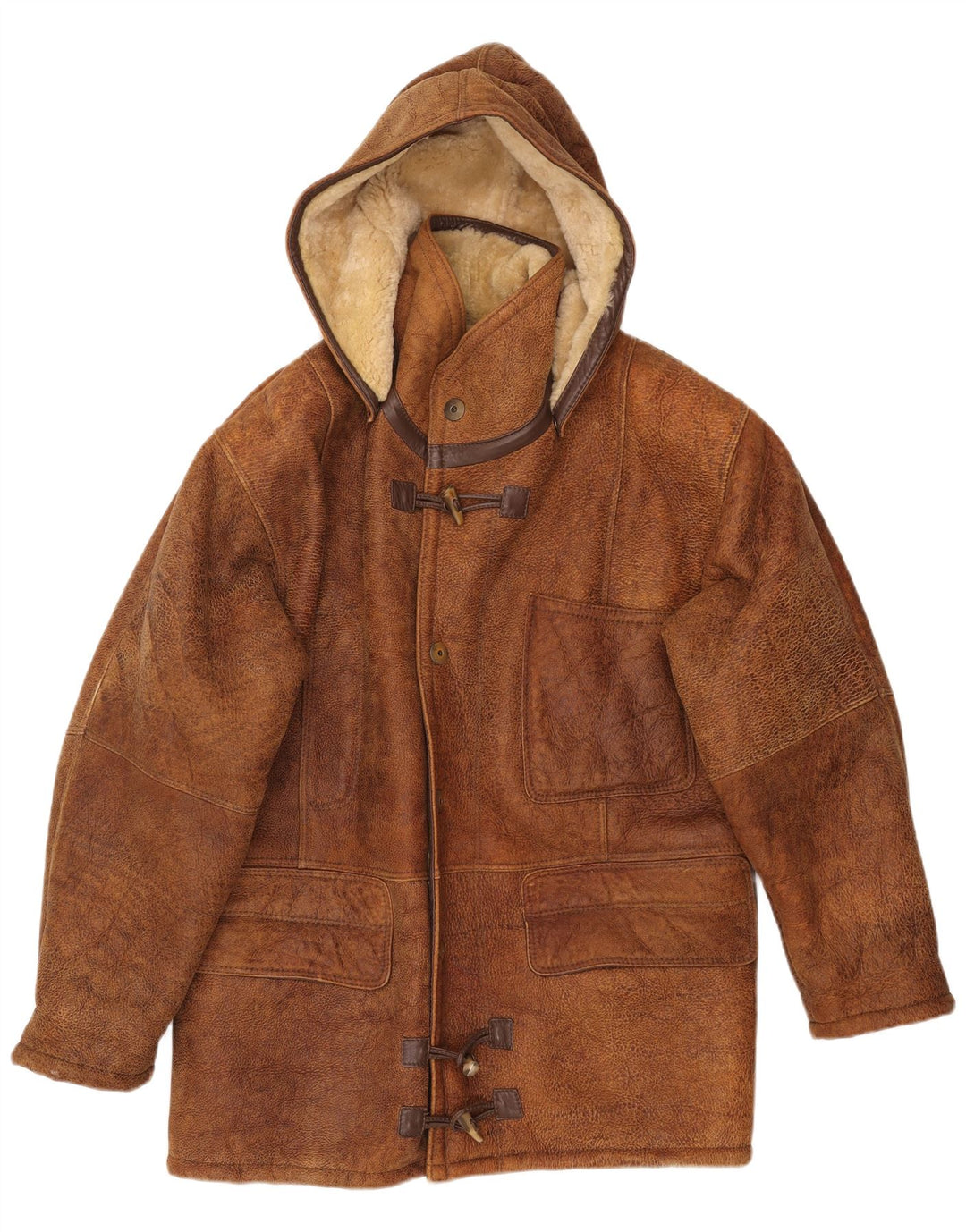 VINTAGE Chaqueta de piel de oveja con capucha para hombre IT 50 Piel de oveja marrón grande