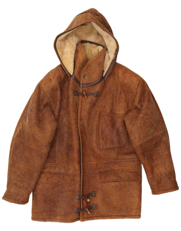 VINTAGE Chaqueta de piel de oveja con capucha para hombre IT 50 Piel de oveja marrón grande