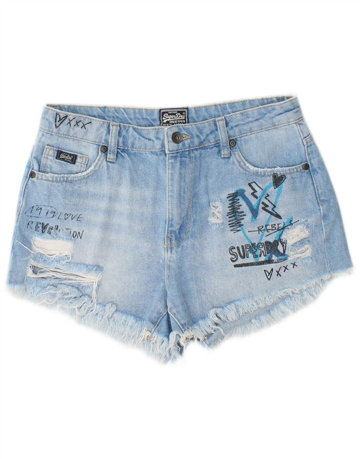 SUPERDRY Shorts vaqueros con estampado desgastado para mujer W27 Small Blue Cotton