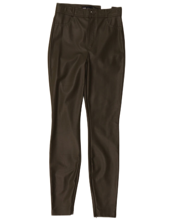 Zara Mujer Pantalones Skinny De Piel Sintética De Talle Alto XS W24 L28 Caqui