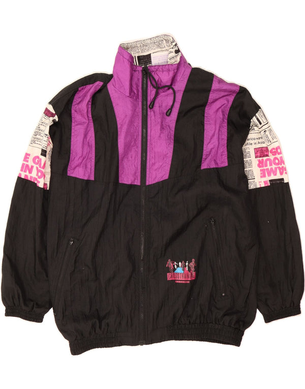 VINTAGE Hombres Gráfico Chándal Top Chaqueta Reino Unido 40/42 Bloque de color negro grande