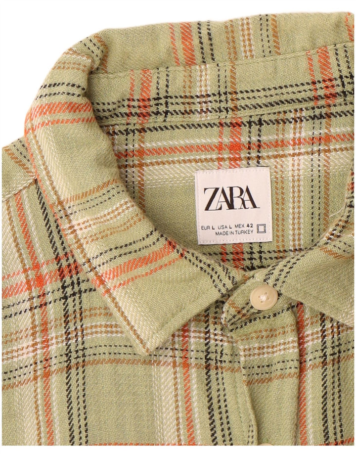 ZARA Mens Flannel Shirt Large Khaki Check Cotton