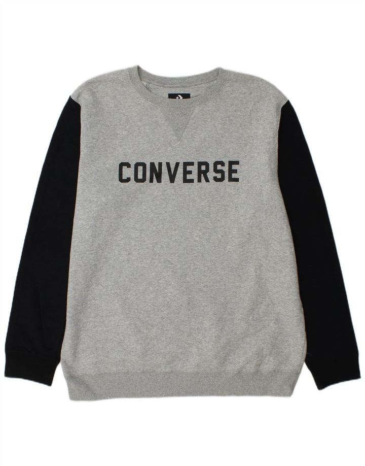 CONVERSE Hombre Sudadera gráfica Jumper XL Gris Colorblock Algodón