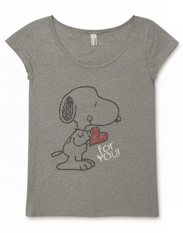 Benetton Camiseta Estampada Peanuts para Mujer UK 44 Gris Medio Moteado