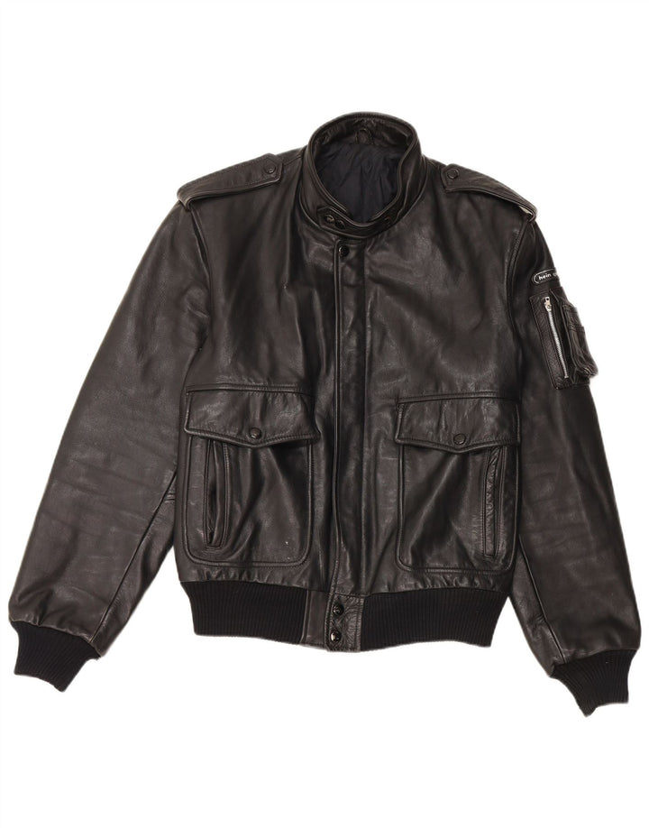 Vintage hombres cuero chaqueta militar Reino Unido 38 cuero negro medio