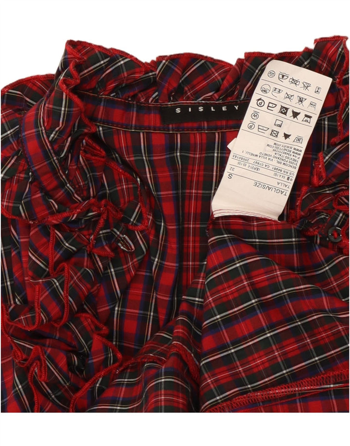 SISLEY Blusa camisera con volantes en la parte delantera para mujer UK 10 Small Red Check Cotton
