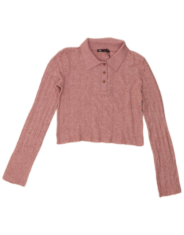 Zara Polo Corto De Manga Larga Para Mujer UK 10 Small Viscosa Rosa