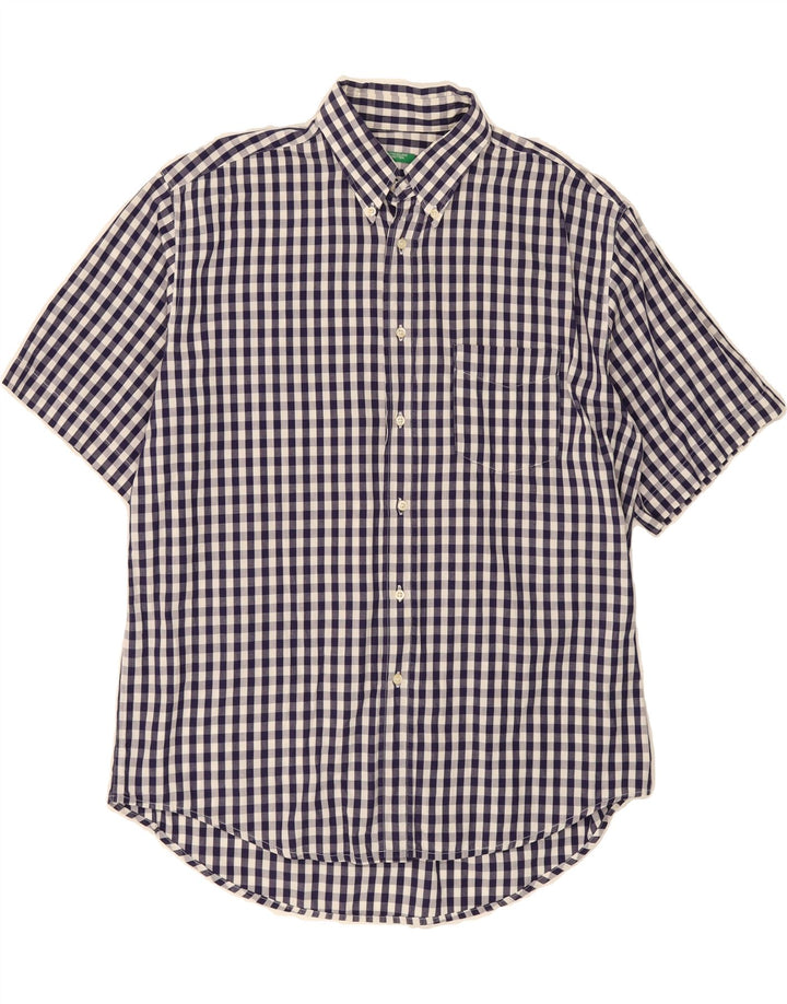 BENETTON Mens Short Sleeve Shirt Large Navy Blue Gingham Vintage Benetton and Second-Hand Benetton from Messina Hembry 