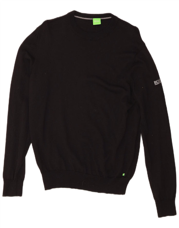 Hugo Boss Jersey con cuello redondo para hombre, talla grande, lana virgen negra