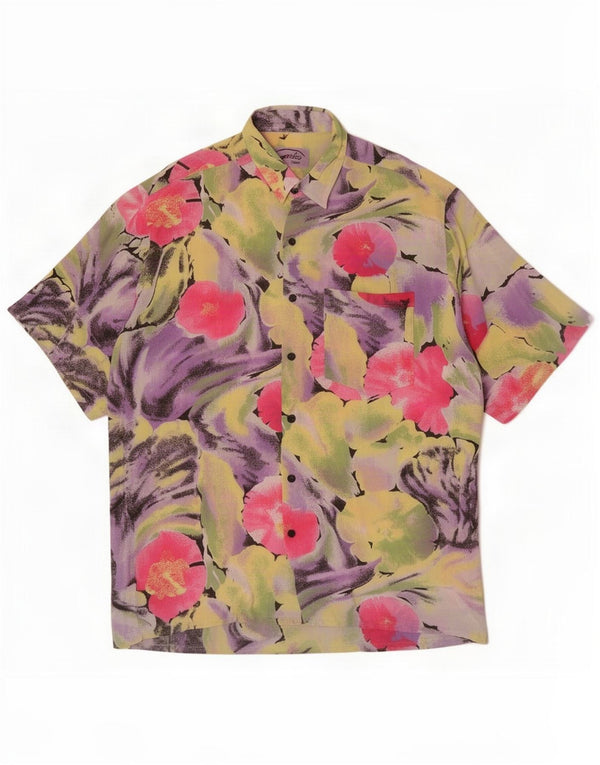 Camisa vintage de manga corta para hombre Viscosa floral multicolor mediana