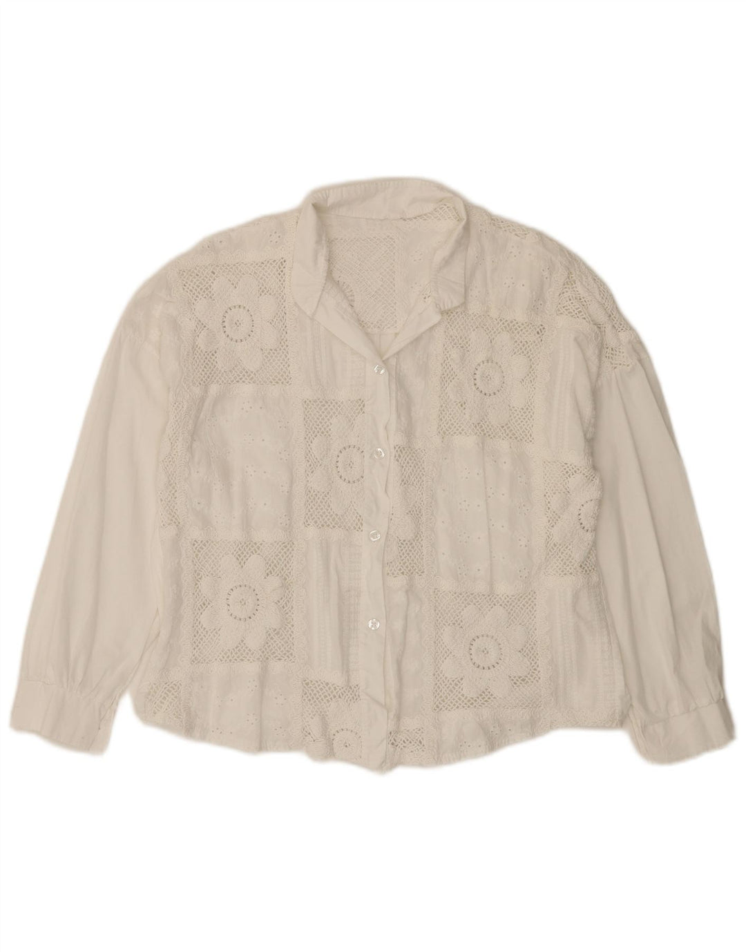 VINTAGE Mujer 3/4 Manga Camisa Blusa Reino Unido 14 Medio Blanco Floral Algodón