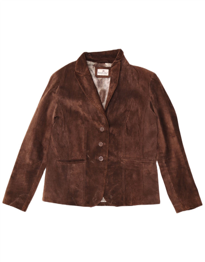 Vintage mujer 3 botones ante Blazer chaqueta Reino Unido 40 cuero marrón grande