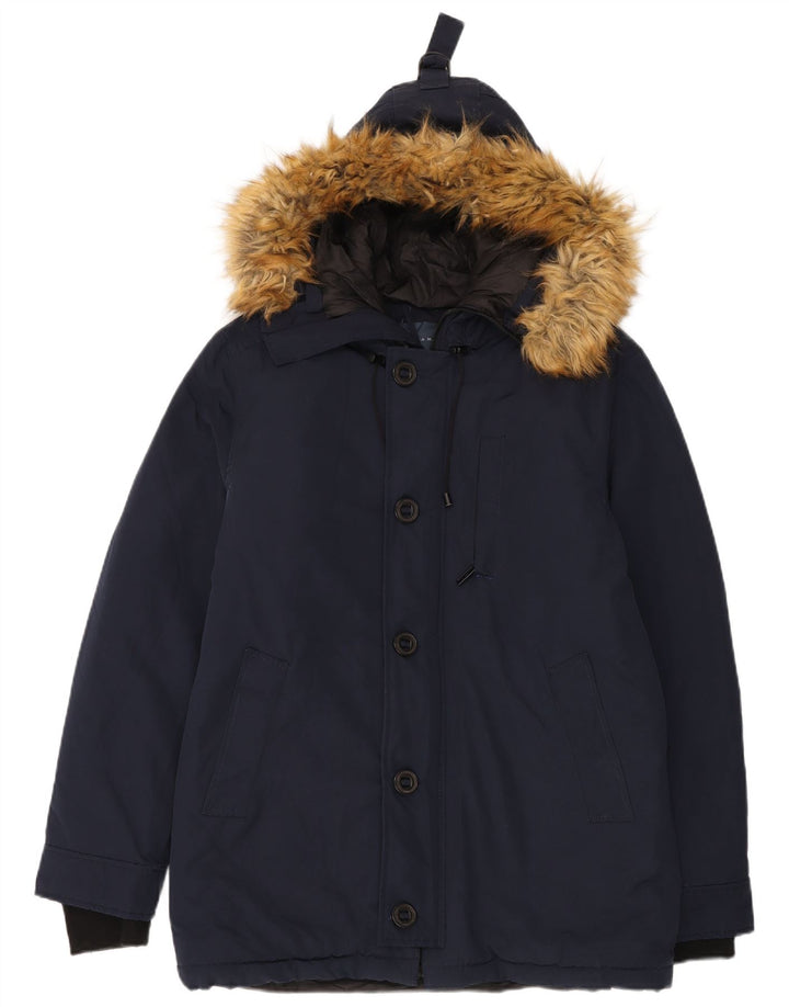 ZARA Chaqueta Parka Con Capucha Para Hombre UK 40 Large Poliéster Azul Marino