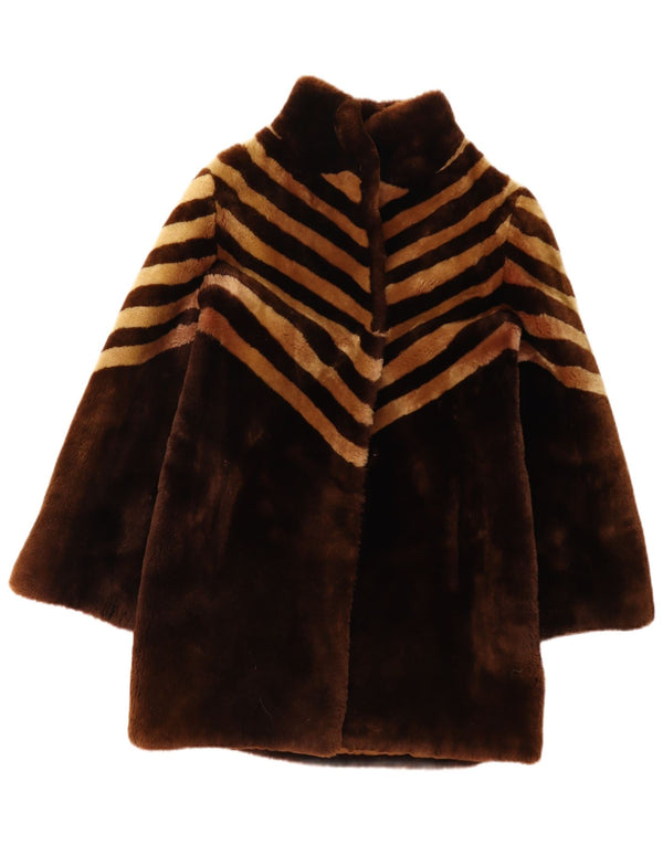 Vintage mujer abrigo de piel sintética Reino Unido 14 marrón medio rayas