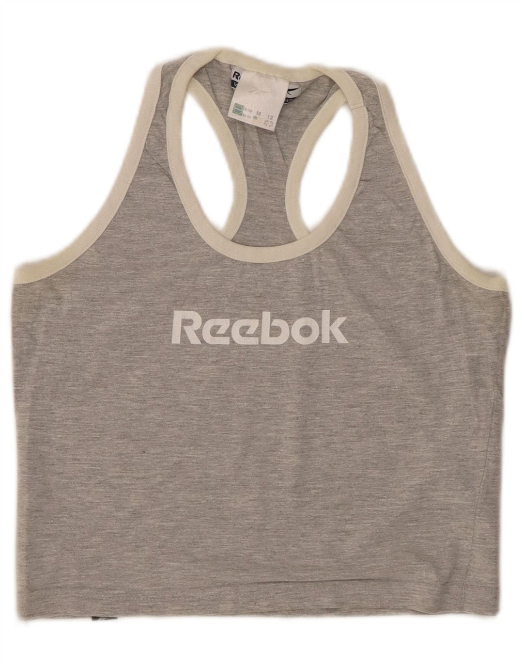 REEBOK Camiseta sin mangas con gráfico corto para mujer Reino Unido 12 Algodón moteado gris medio