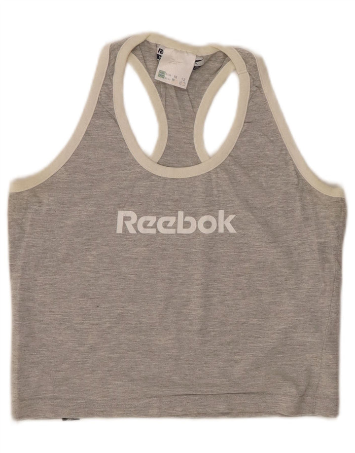 REEBOK Camiseta sin mangas con gráfico corto para mujer Reino Unido 12 Algodón moteado gris medio