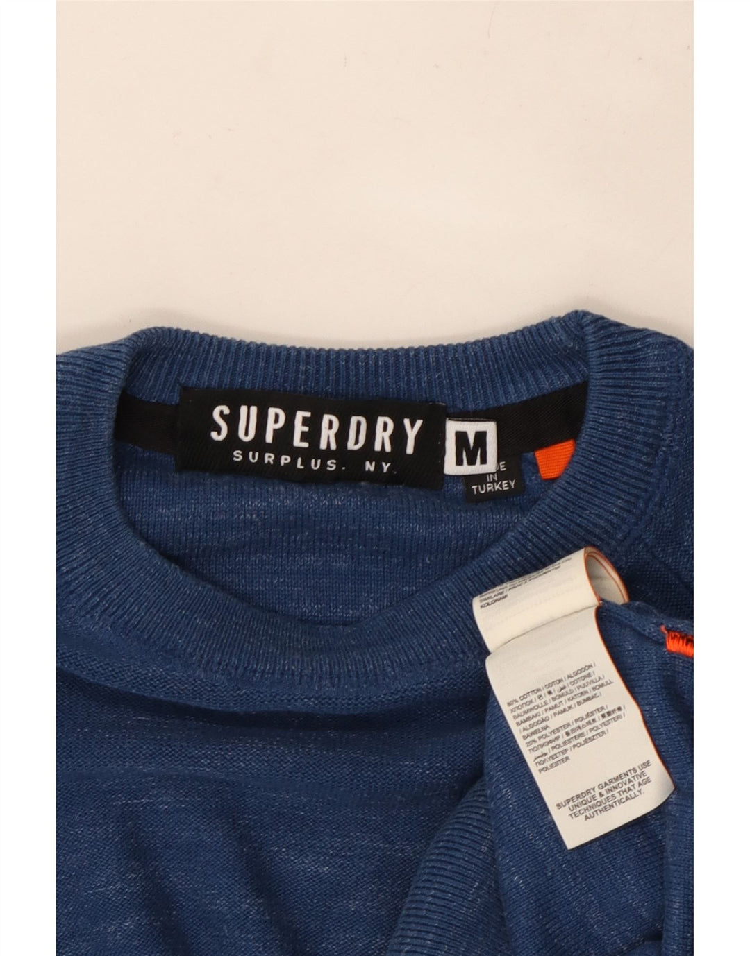 SUPERDRY Jersey de cuello redondo para hombre de algodón moteado azul medio