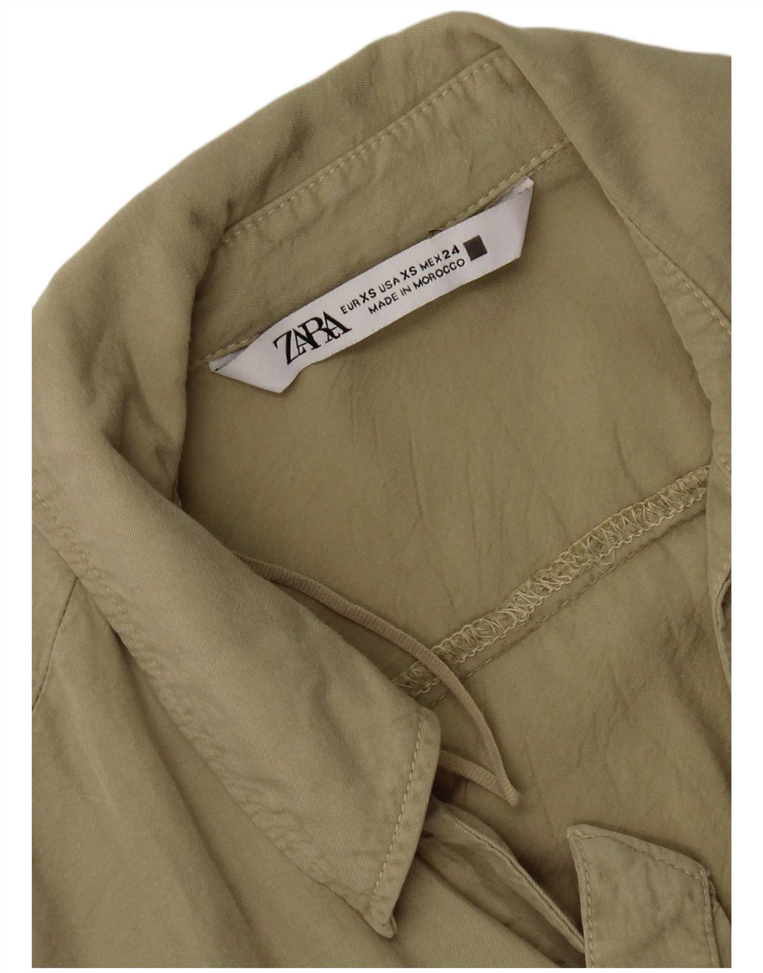 Zara Blusa camisera extragrande con lazo frontal corto para mujer UK 6 XS Caqui