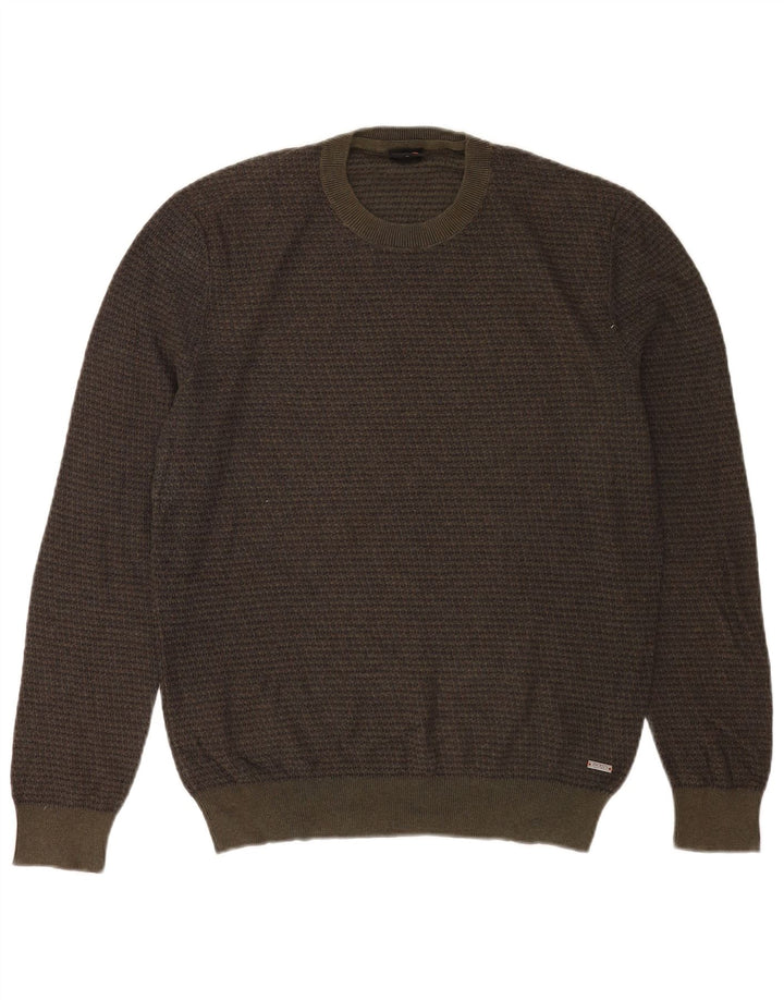 Hugo Boss Hombre | Jersey con cuello redondo de algodón a cuadros caqui medio