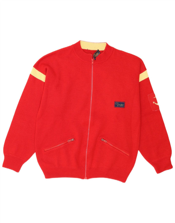 Vintage hombres completo zip cardigan suéter medio rojo colorblock acrílico
