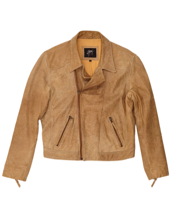 Gipsy Chaqueta motera de cuero para mujer UK 46 Large Beige Leather