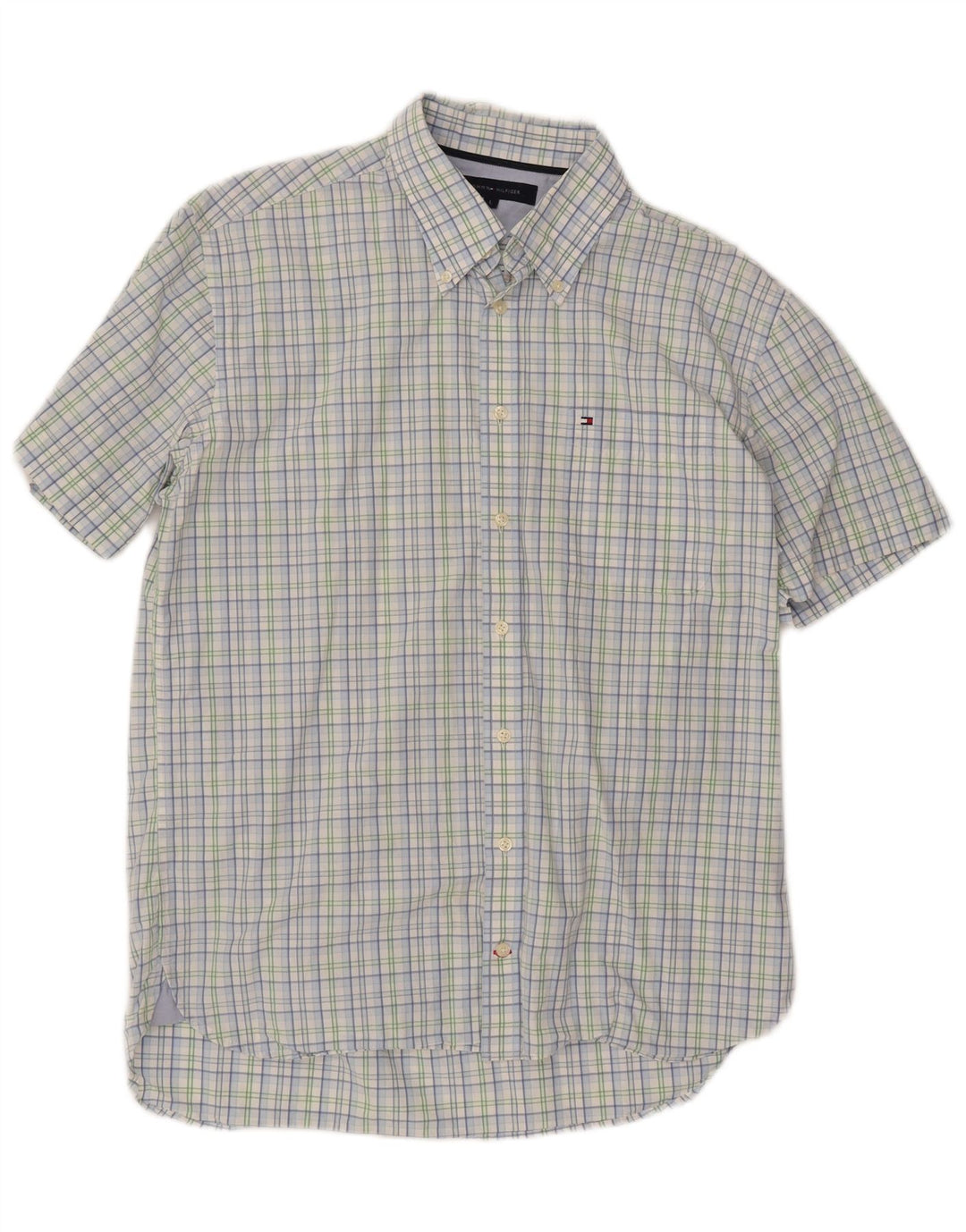 TOMMY HILFIGER Camisa de manga corta para hombre Large Blue Check Cotton