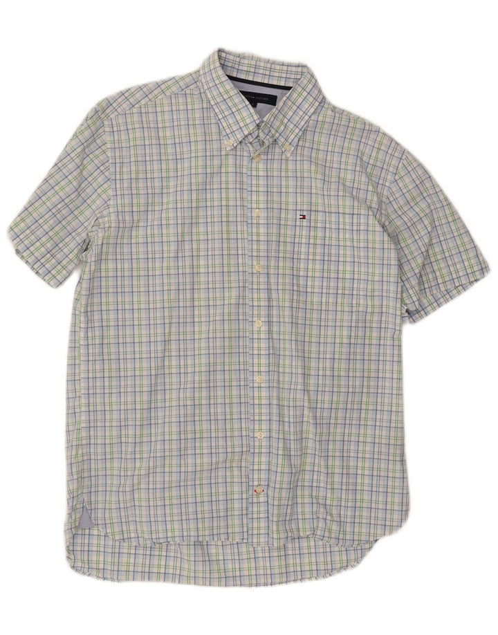 TOMMY HILFIGER Camisa de manga corta para hombre Large Blue Check Cotton