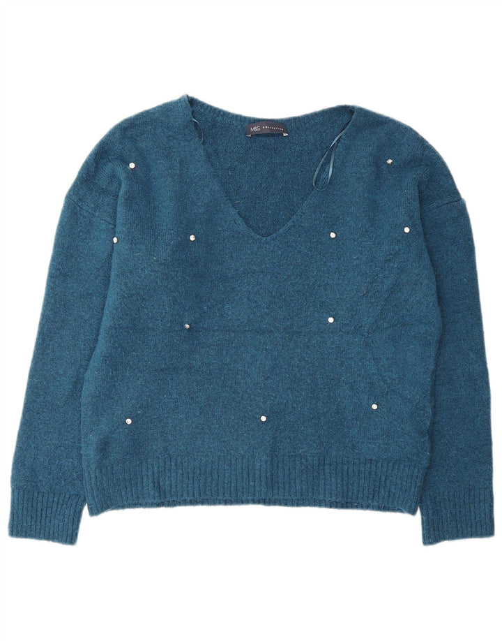 Marks & Spencer Suéter tipo jersey de gran tamaño con cuello en V para mujer UK 10 Small Blue