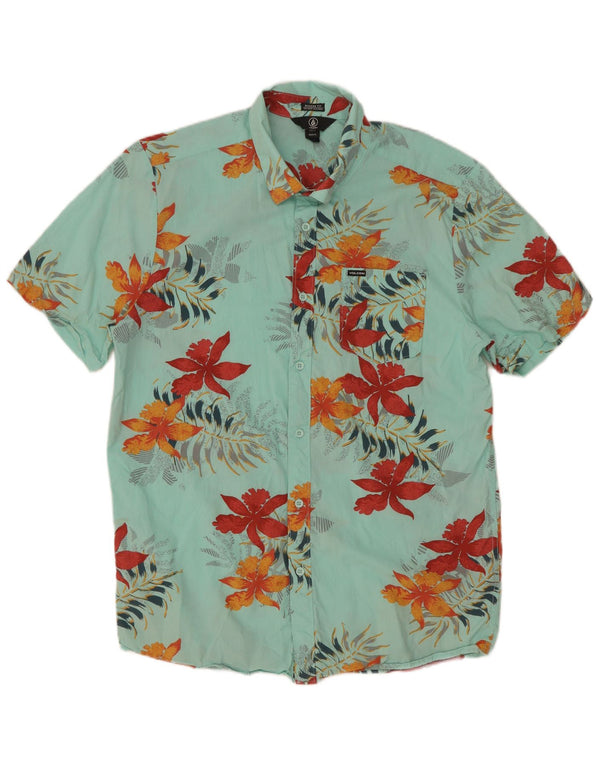 Camisa Volcom Hombre Manga Corta XL Turquesa Floral Algodón Hawaiano