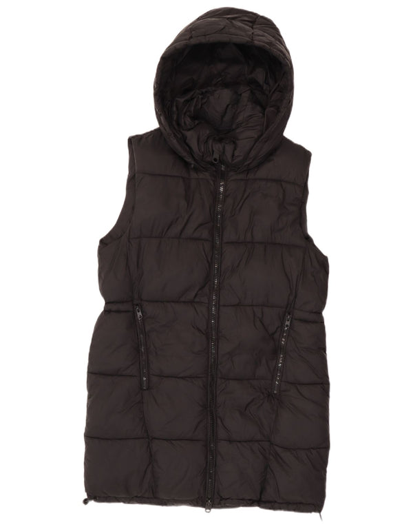 Zara Mujer Chaleco Acolchado Largo Con Capucha UK 44 Medium Black Nylon