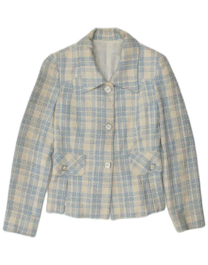 Vintage mujer 3 botones Blazer chaqueta IT 42 azul medio comprobar algodón