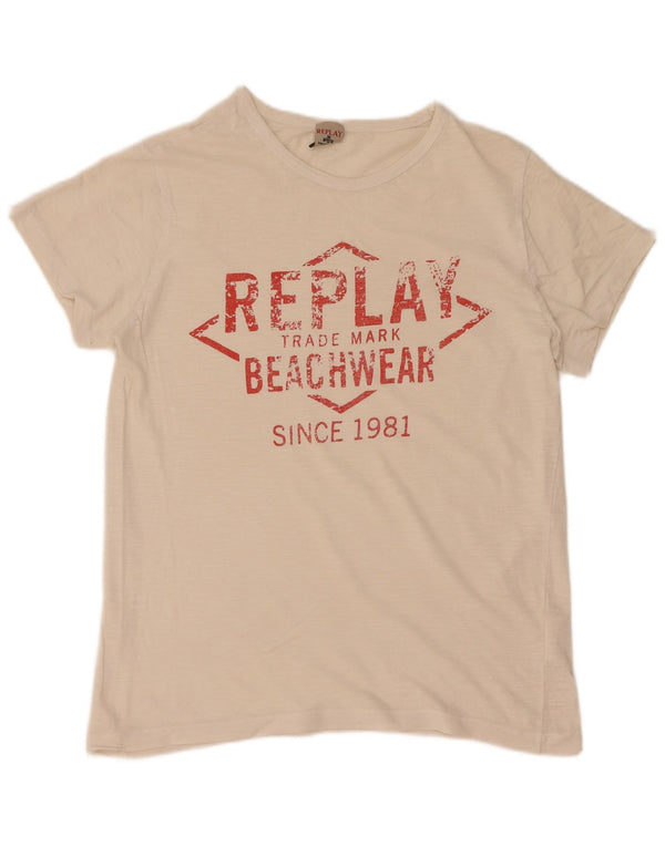 Replay Camiseta gráfica para mujer Top UK 12 Medium Off White Cotton
