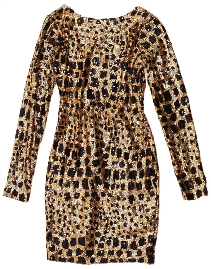GUESS Vestido ajustado de lentejuelas de manga larga para mujer UK 6 XS Oro geométrico
