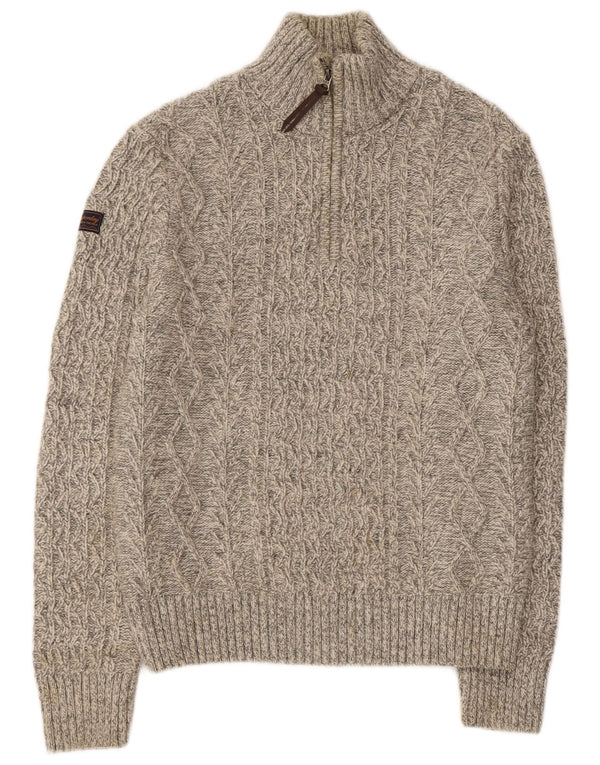 SUPERDRY Jersey con cuello y cremallera para hombre de lana moteada en color beige grande