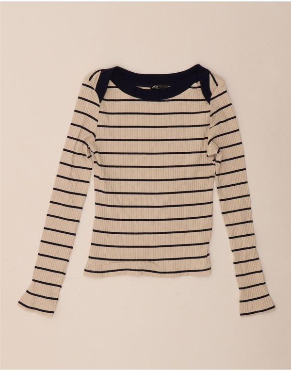 Zara Mujer Crop Top Manga Larga UK 42 Algodón A Rayas Beige Medio