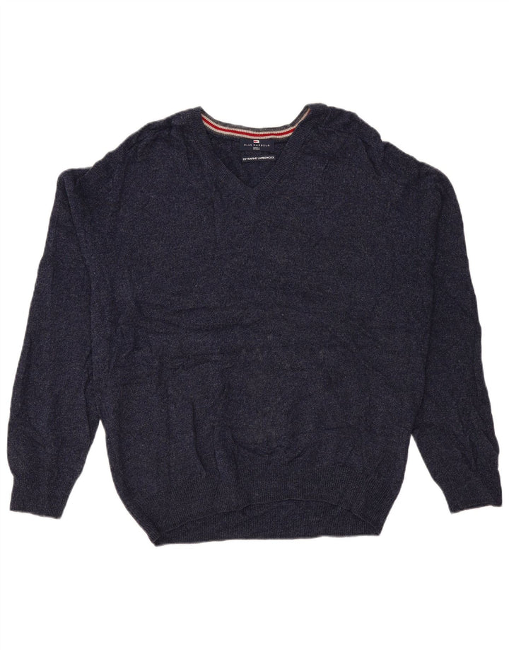 Marks & Spencer Suéter tipo jersey con cuello en V azul Harbor para hombre, talla grande, azul marino