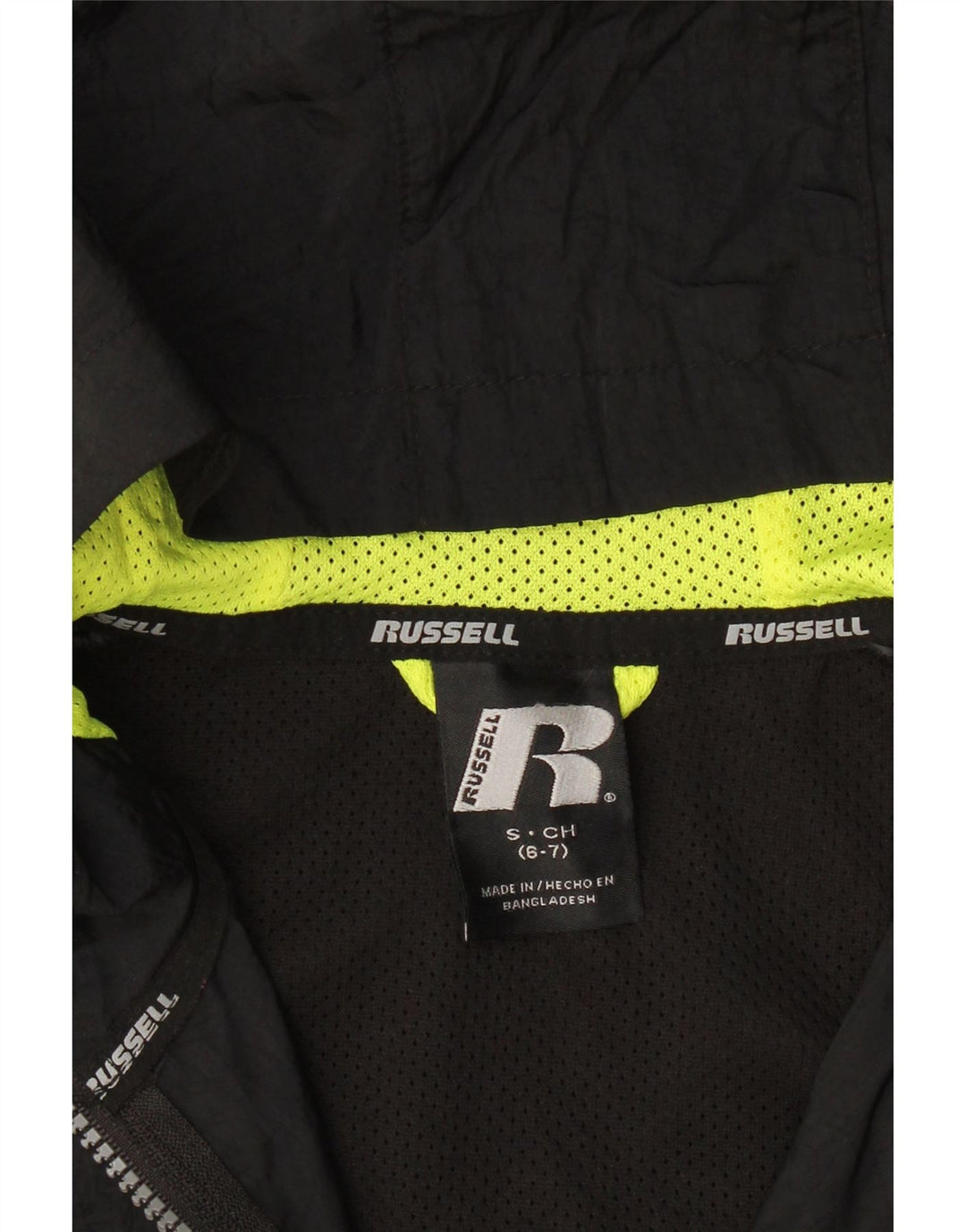 RUSSELL ATHLETIC Boys Hooded Rain Jacket 6-7 Years Small Black Colourblock Vintage Russell Athletic and Second-Hand Russell Athletic from Messina Hembry 