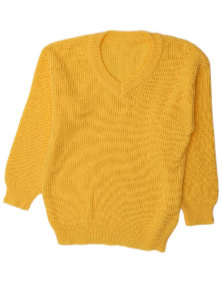 Vintage mujer V-cuello jumper suéter Reino Unido 16 poliéster amarillo grande