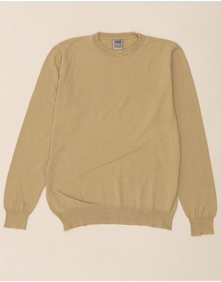 THINK PINK Mens Crew Neck Jumper Sweater Medium Beige Cotton Vintage Think Pink and Second-Hand Think Pink from Messina Hembry 
