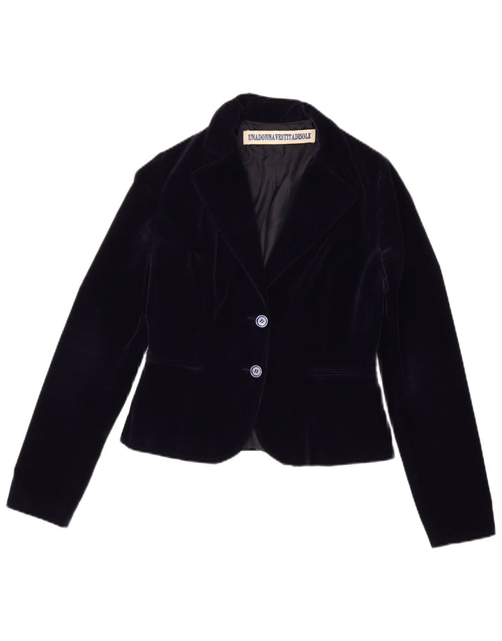 Vintage mujer terciopelo 2 botones Blazer chaqueta IT 42 algodón azul marino medio